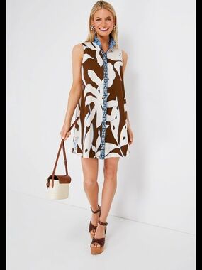 Tuckernuck Blue, Brown & Cream Patterned Button-Front Mini Cotton Dress S